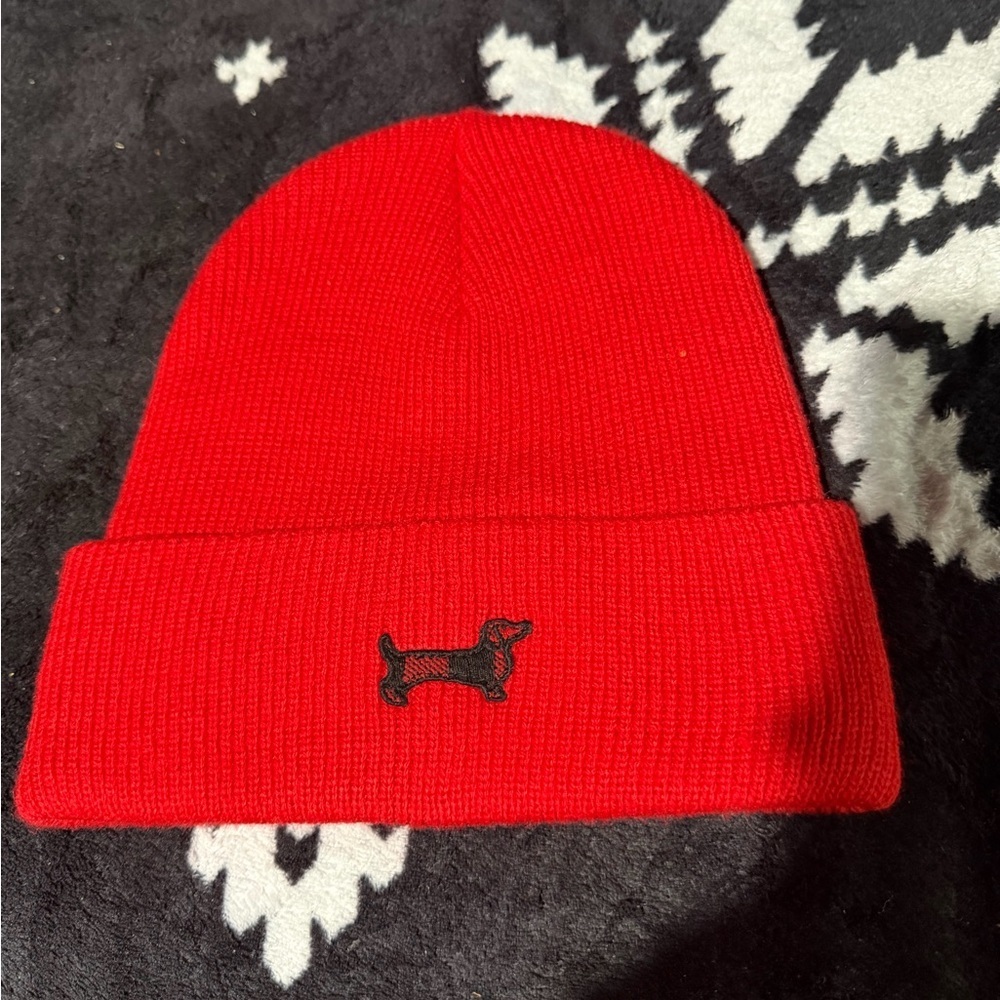 PINK Victoria's Secret Red Beanie with Dog Motif